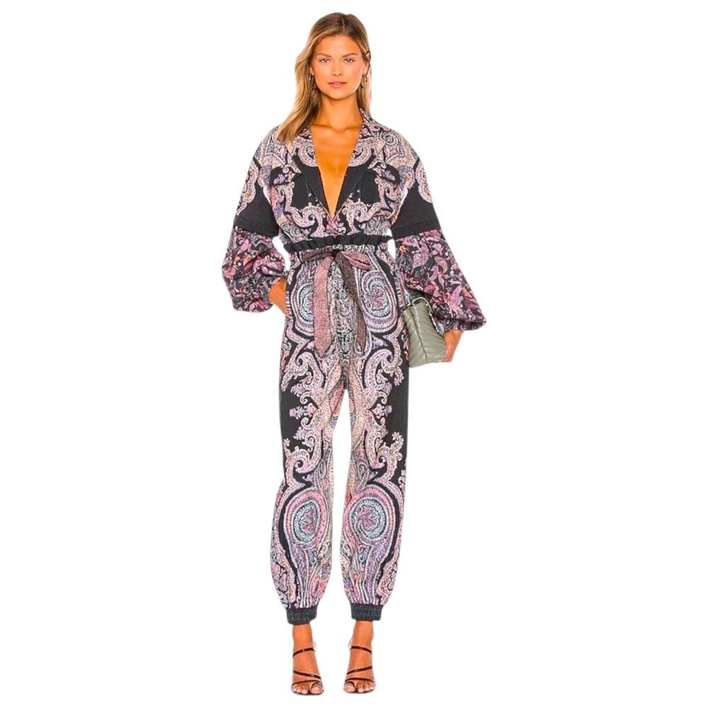 NWT Rococo Sand Nott Jumpsuit Black Paisley Floral Long Sleeve Pantsuit Size L